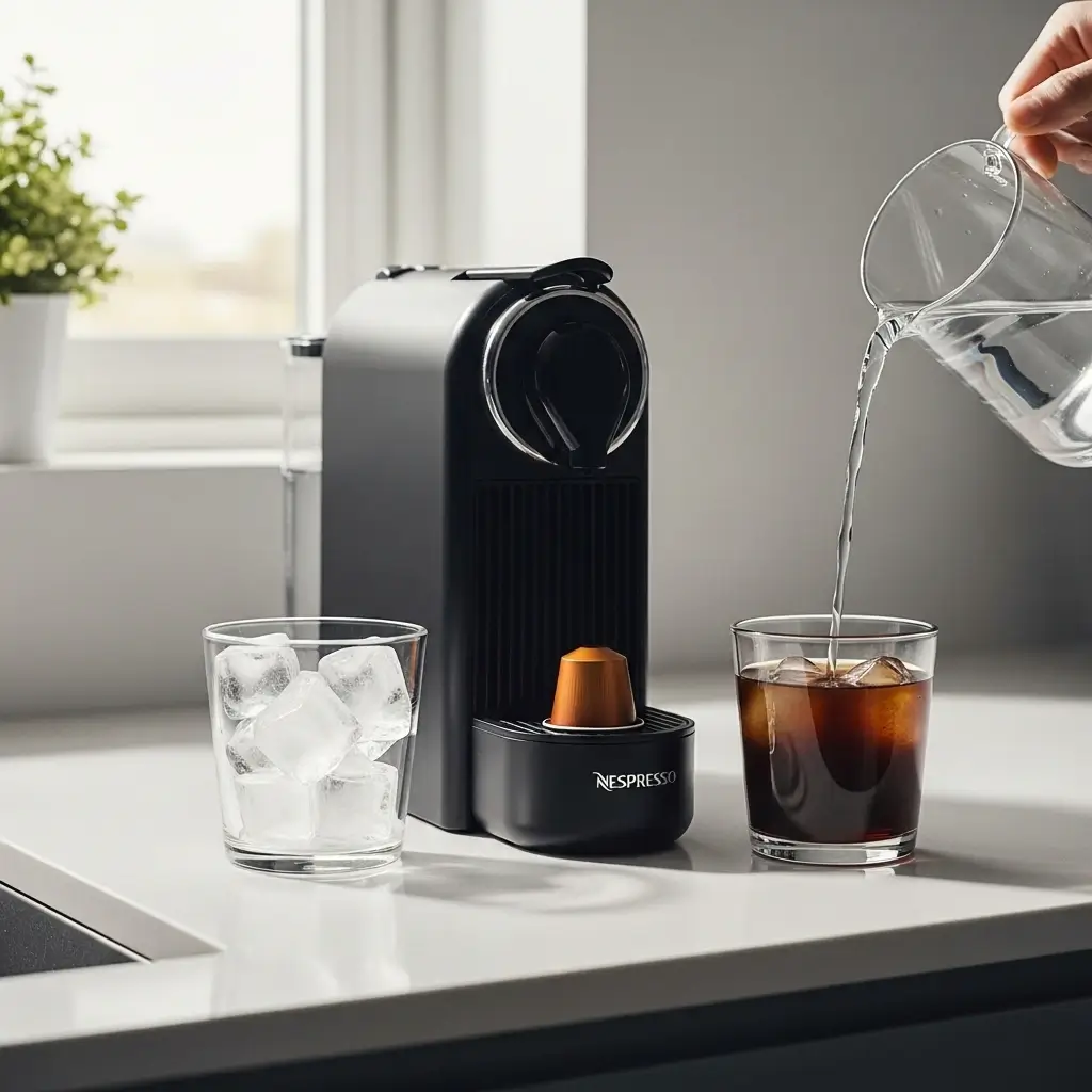Step-by-step Nespresso cold brew process with machine, ice, pod, and finished drink on a clean counter.