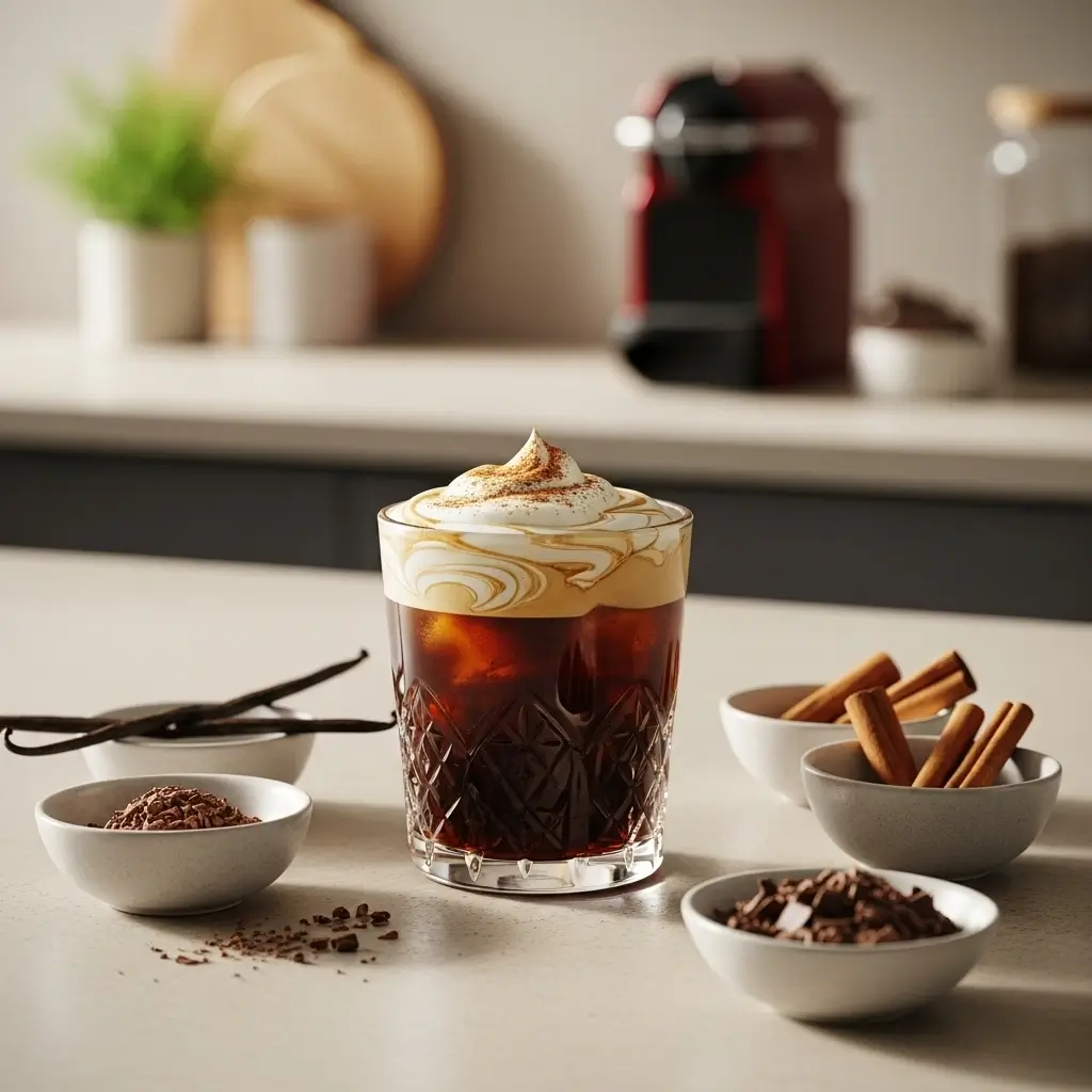 Nespresso cold brew with cream and cinnamon, surrounded by vanilla, cinnamon sticks, and chocolate shavings on a kitchen counter.