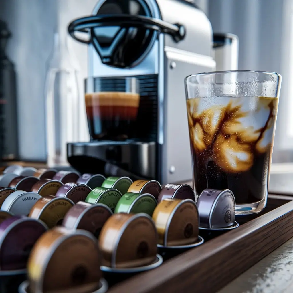Variety of Nespresso pods on wooden tray with glass of cold brew coffee and Nespresso machine in background.