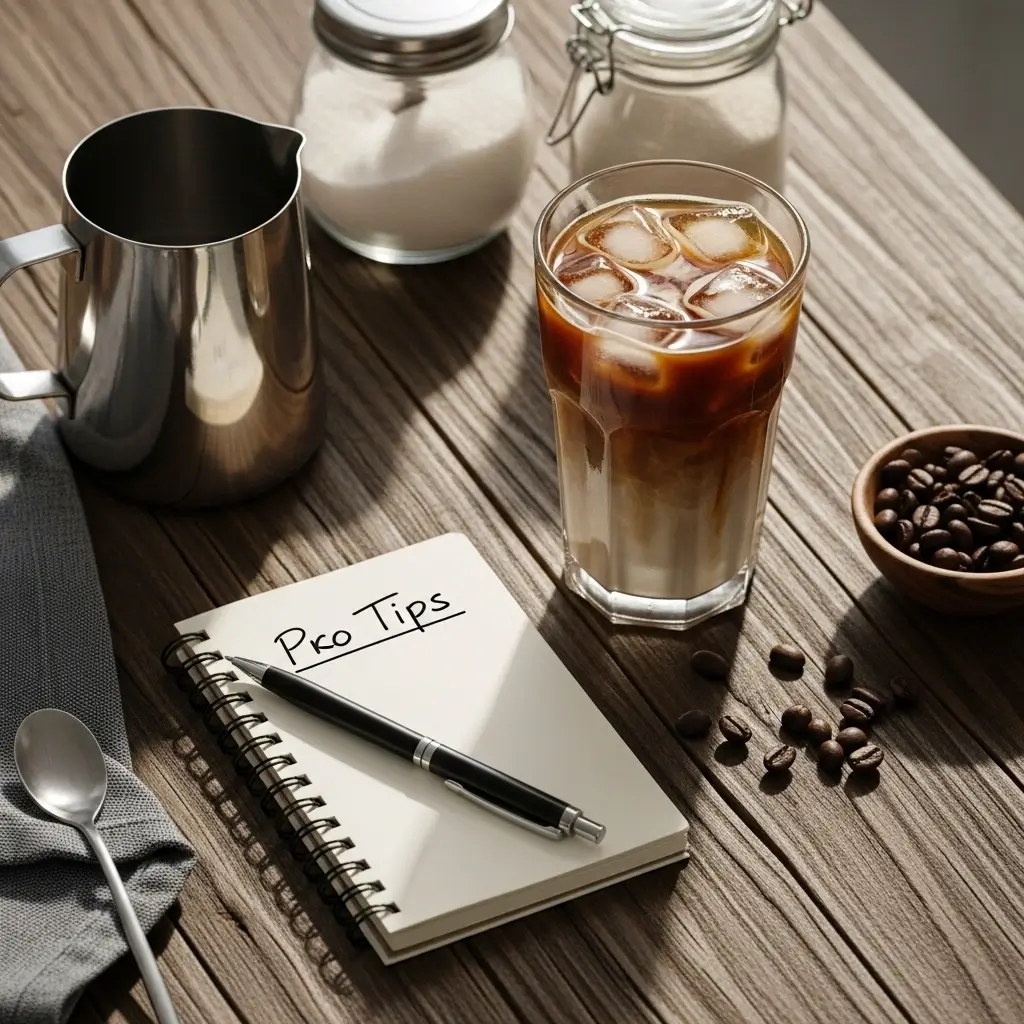Flat lay of iced coffee, notebook with pro tips, milk frother, sugar jar, and coffee beans on a wooden table.