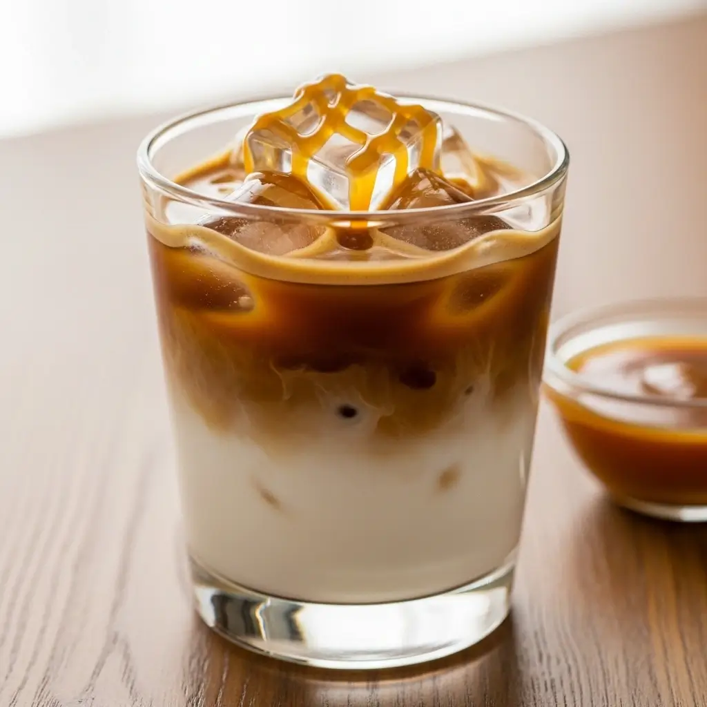 Layered iced caramel macchiato with milk, espresso, and caramel in a clear glass on a wooden table.