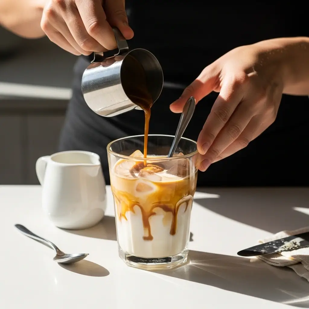 Homemade iced caramel macchiato with espresso being poured over milk and ice in a clear glass.