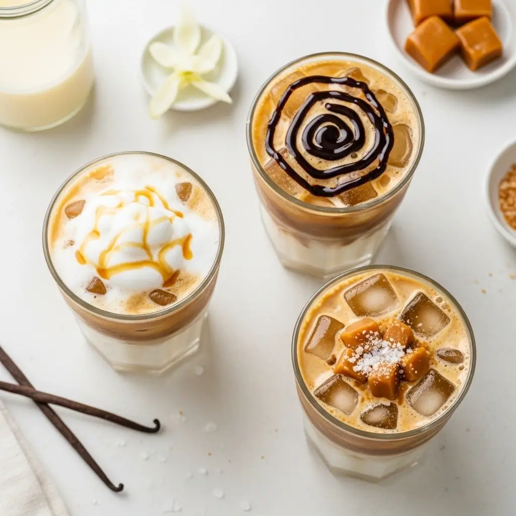 Three iced caramel macchiatos with different flavor variations: vanilla, chocolate drizzle, and salted caramel.