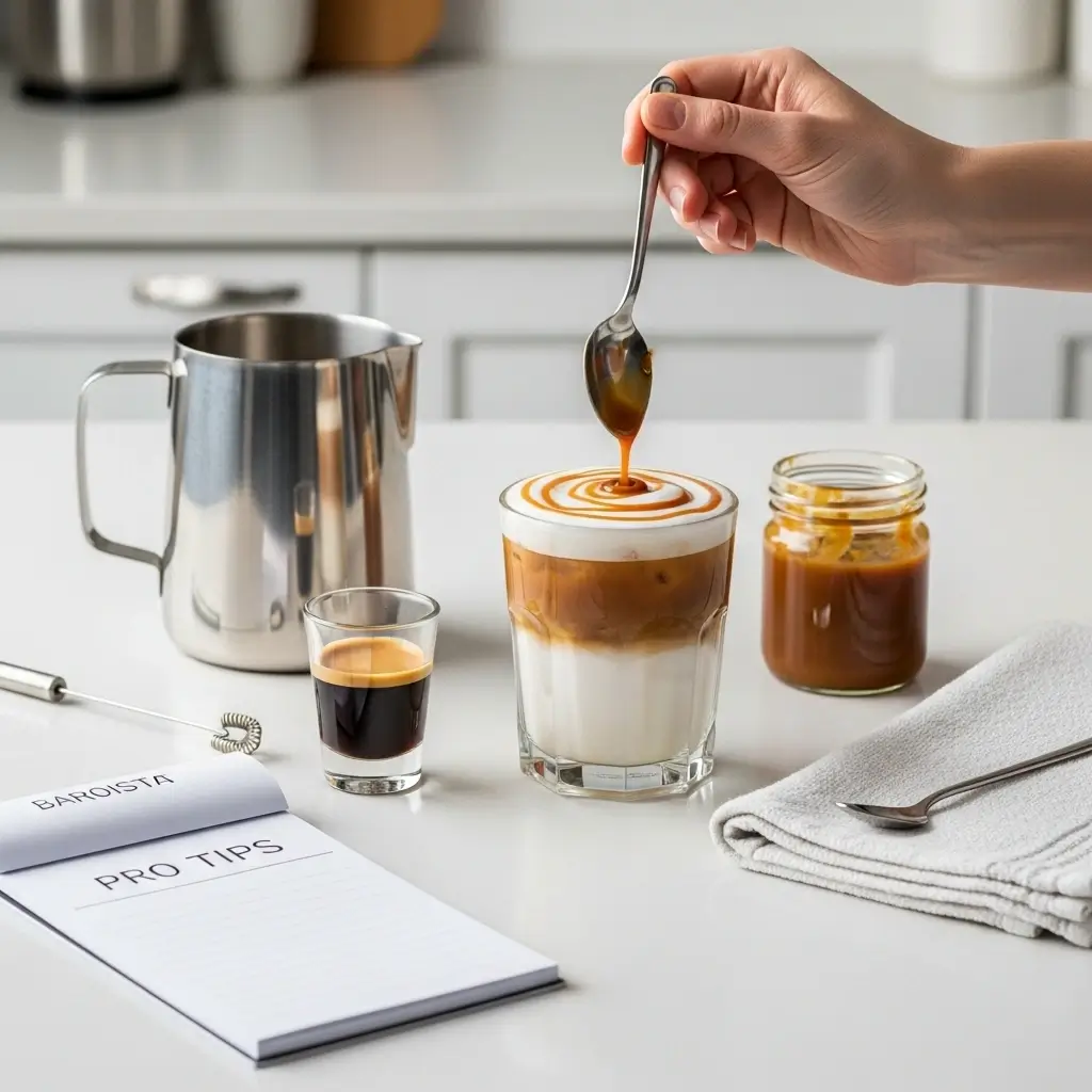 Barista-style iced caramel macchiato with milk frother, espresso tools, and caramel drizzle in a clean home setup.