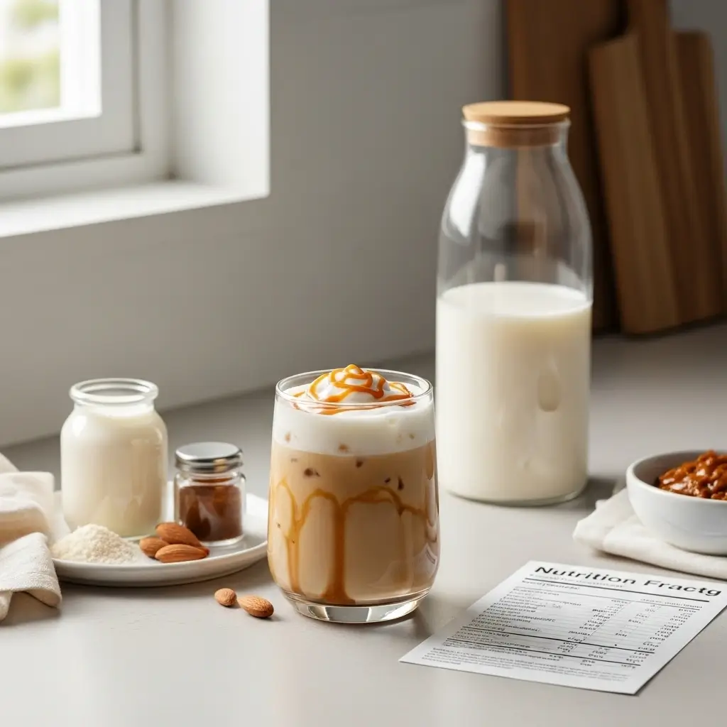 Iced caramel macchiato with storage bottle, calorie-friendly ingredients, and a nutrition card on a clean kitchen counter.