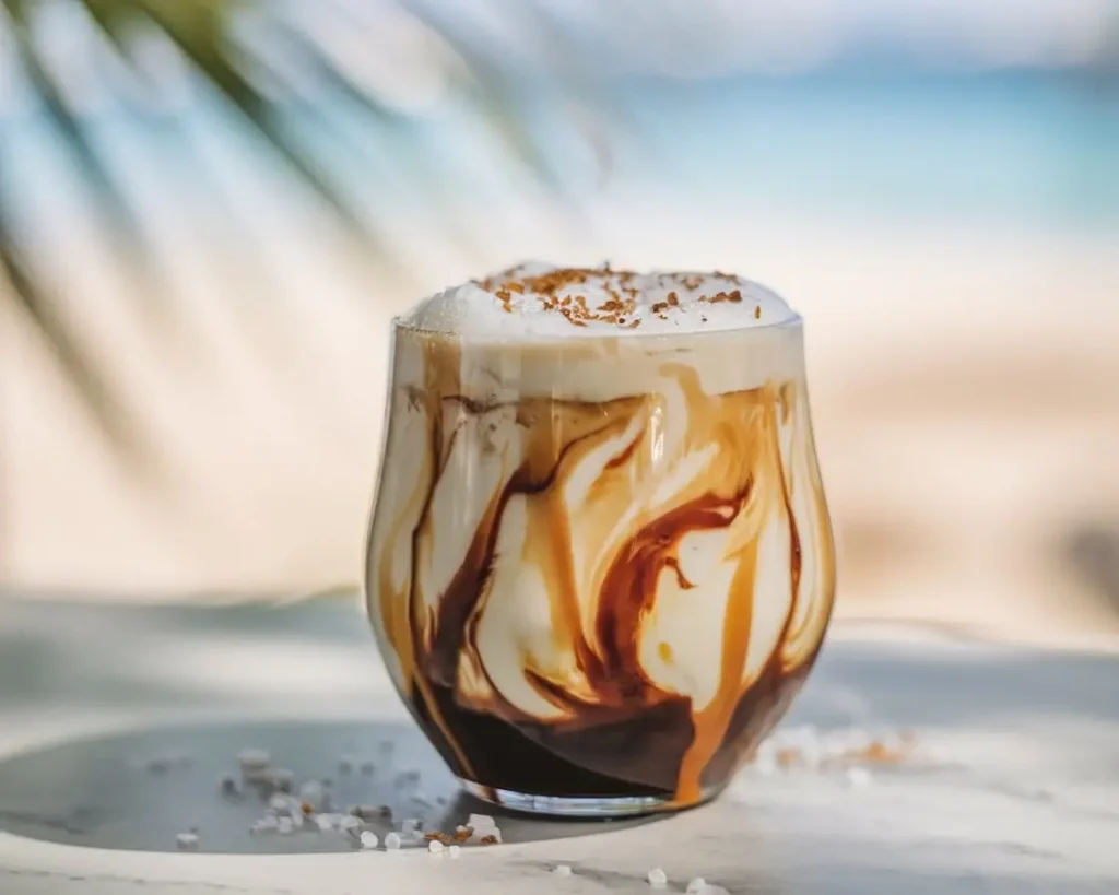Salted caramel cold brew with ice, caramel drizzle, and sea salt topping in a clear glass.
