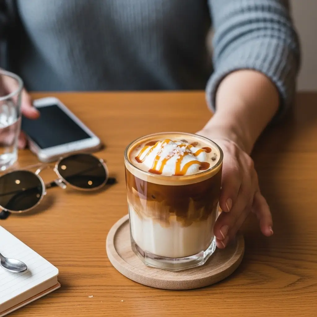 Salted caramel cold brew with cream and sea salt on a wooden table in a cozy café scene.