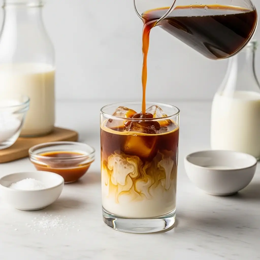 Salted caramel cold brew in the making with cold brew, milk, caramel drizzle, and sea salt on a clean counter.
