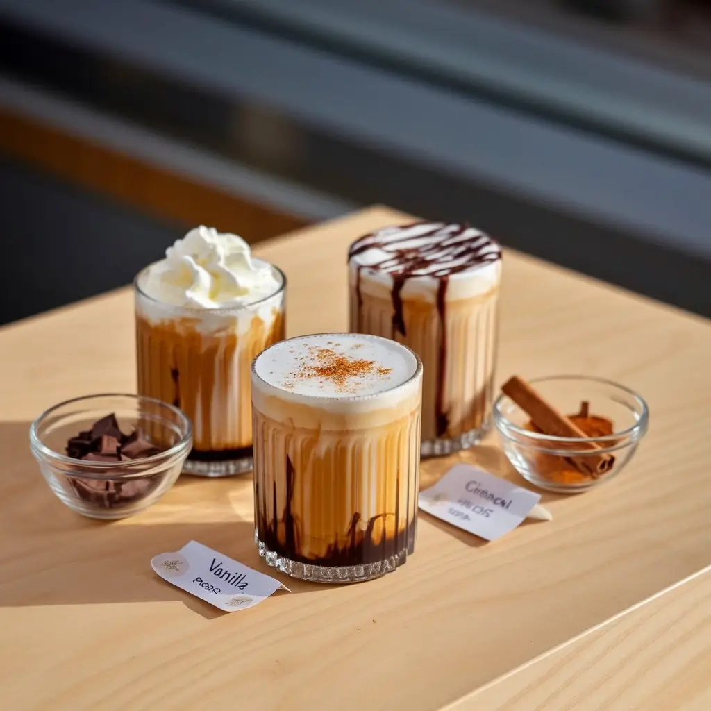 Three salted caramel cold brew variations: vanilla, chocolate, and cinnamon, styled with matching ingredients.