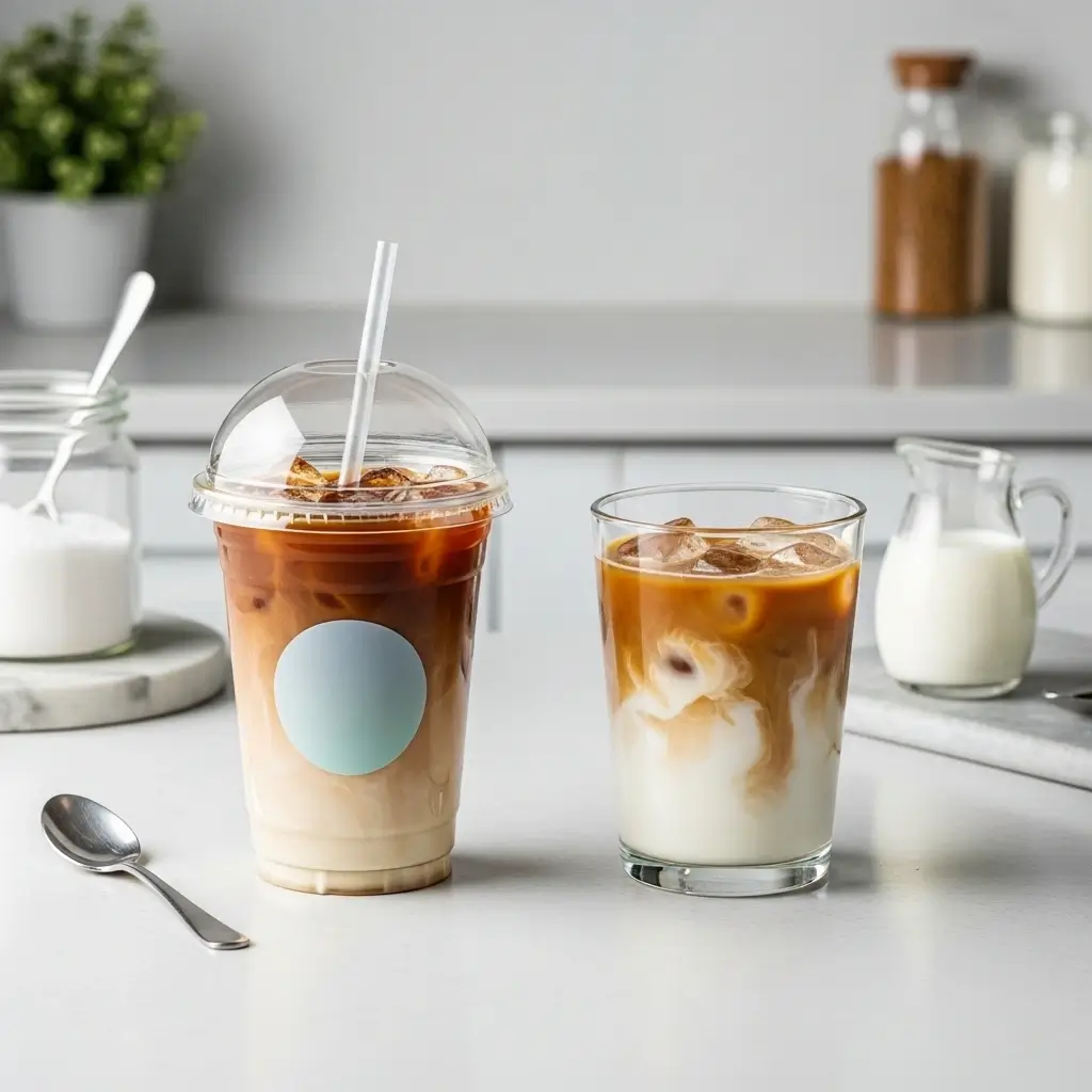 Iced coffee comparison with one store-bought and one homemade drink, each with nutrition info on a clean surface.