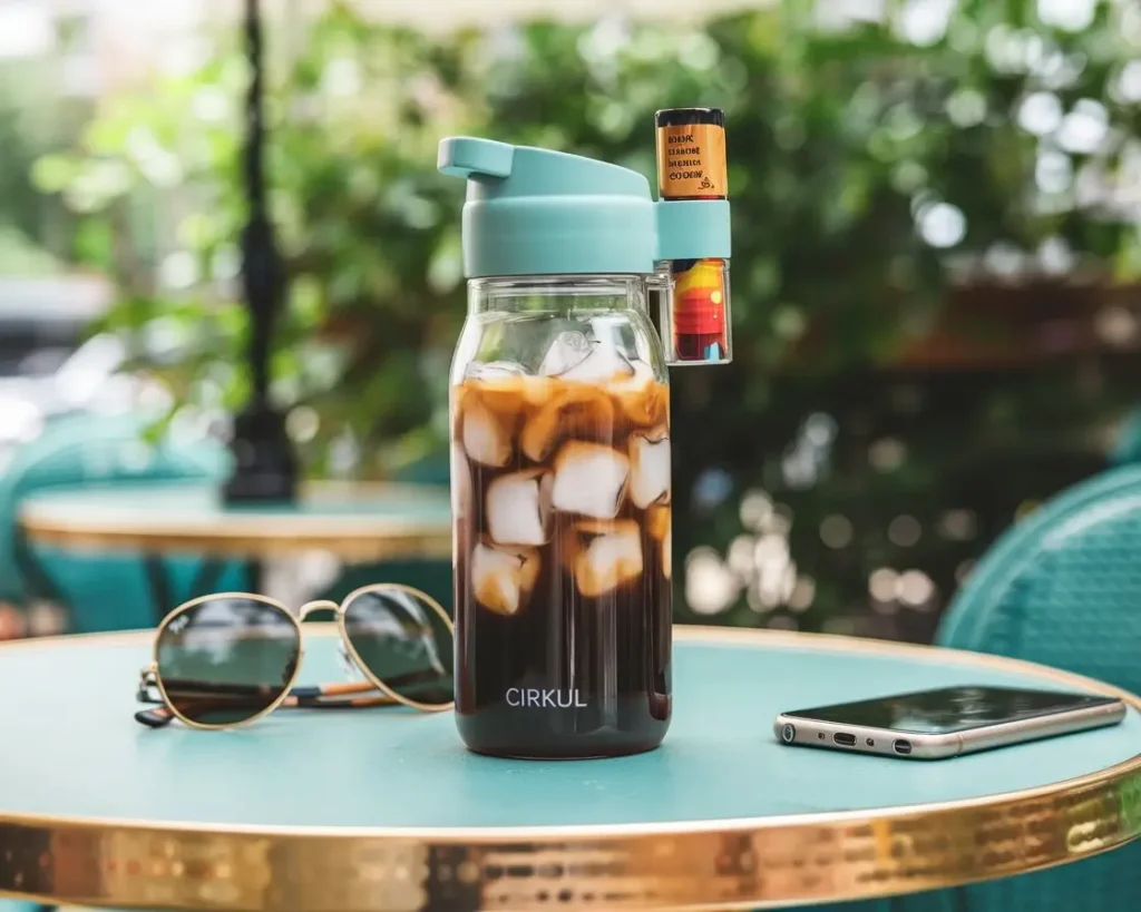 Cirkul bottle filled with iced coffee in a car cup holder or café table with ice and coffee flavor cartridge.