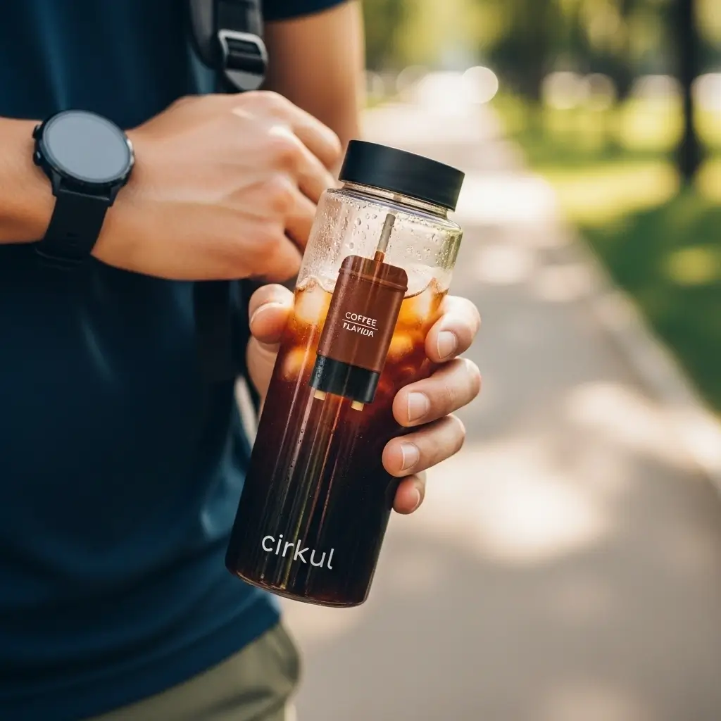 Person holding a Cirkul bottle filled with iced coffee while walking outdoors, with ice and flavor cartridge visible.
