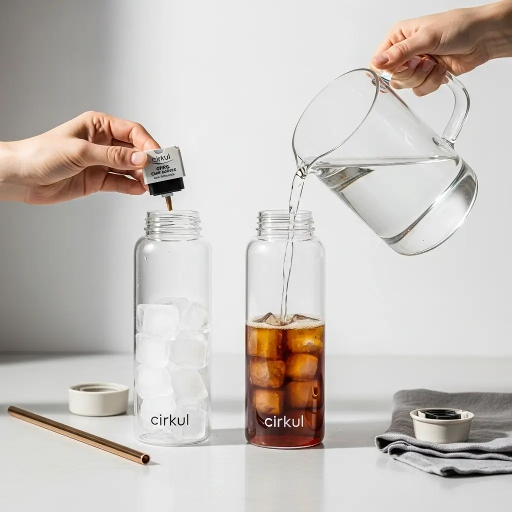 Step-by-step setup of Cirkul iced coffee with ice, flavor cartridge, and water on a clean kitchen counter.