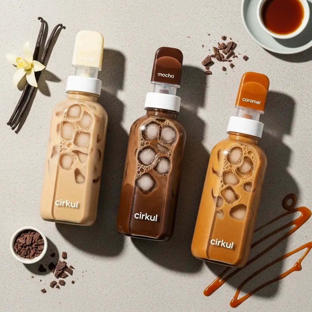 Three Cirkul iced coffee bottles with vanilla, mocha, and caramel flavor cartridges, styled with matching ingredients.