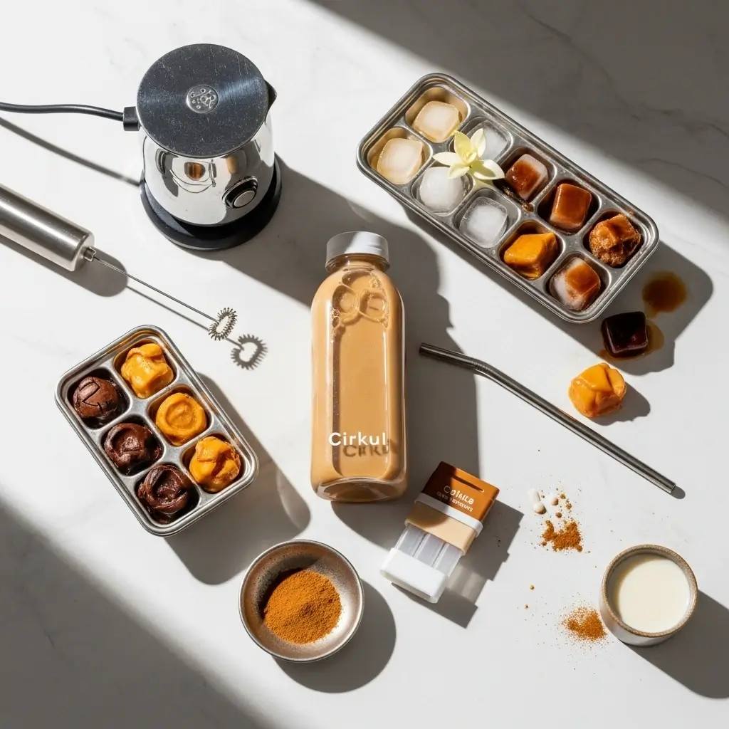 Cirkul iced coffee with creative upgrades like flavored ice cubes, milk frother, cinnamon, and reusable straw.