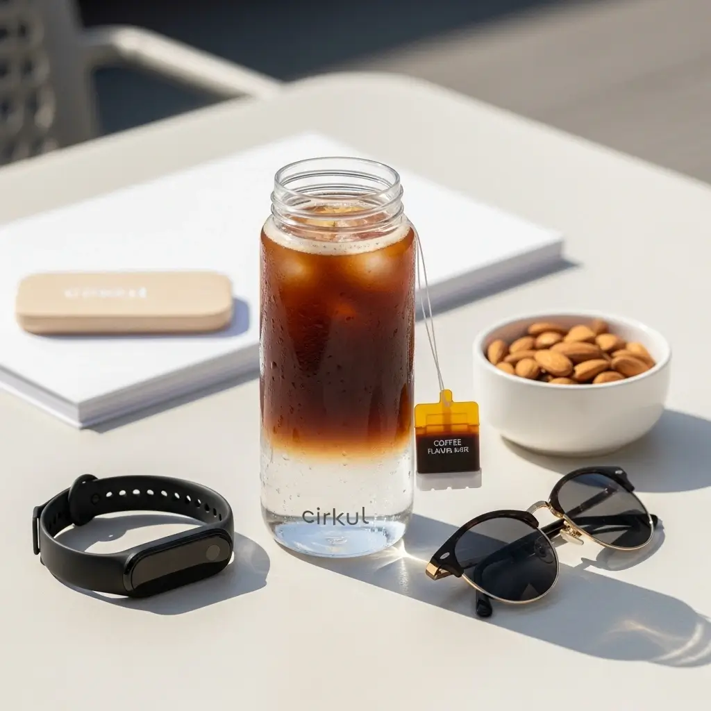 Cirkul iced coffee with fitness-friendly items like almonds and a tracker on a clean outdoor or desk setup.