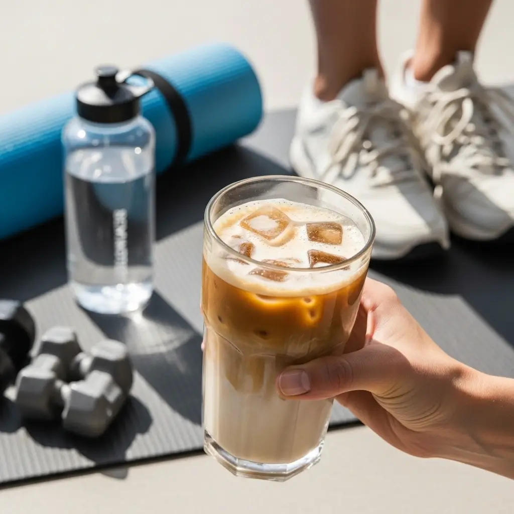 Hand holding a protein iced coffee with ice and creamy texture, gym gear blurred in the background.