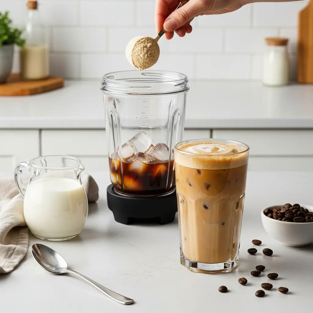 Homemade protein iced coffee setup with protein powder, cold brew, and a finished drink in a tall glass.