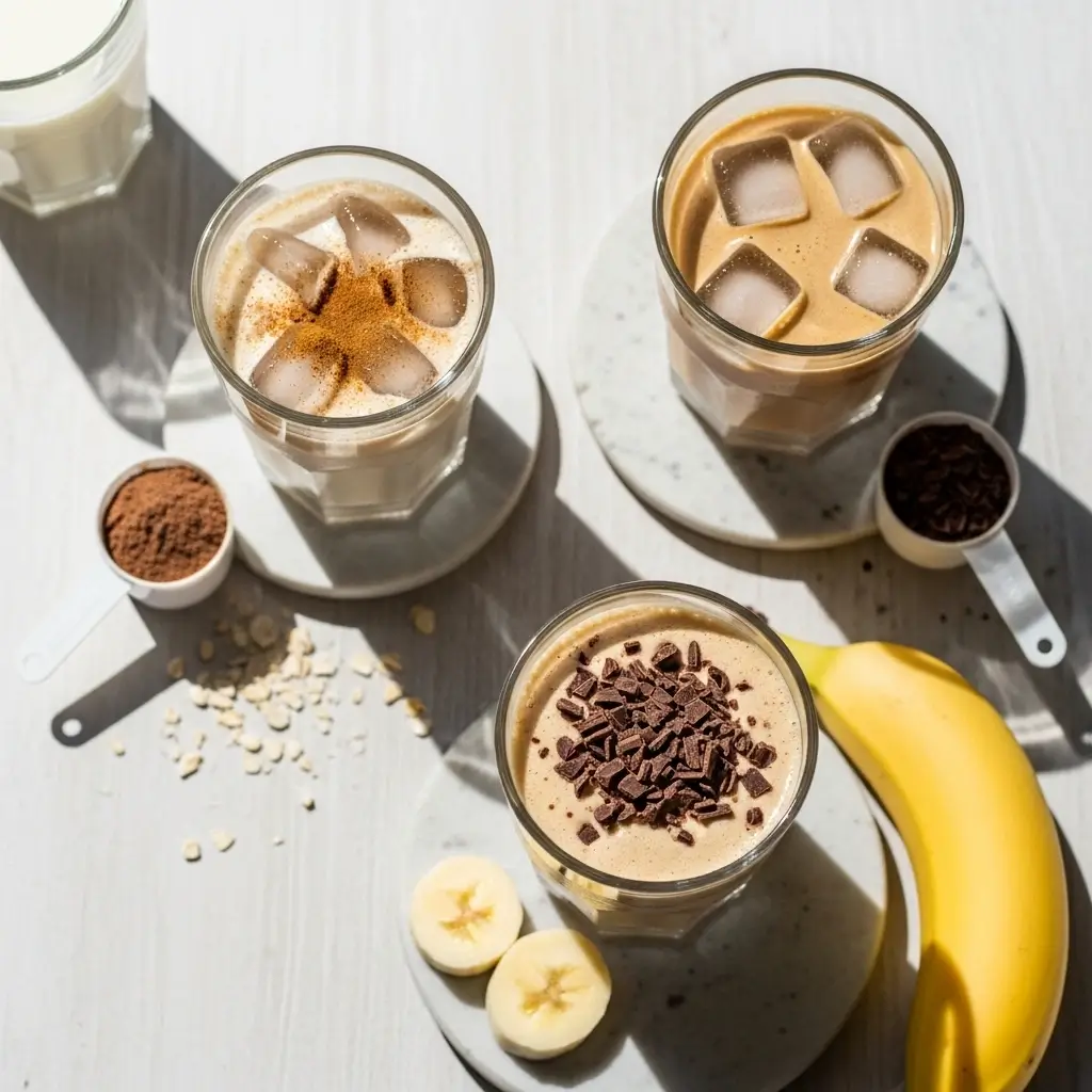Three protein iced coffee variations with ingredients like cinnamon, banana, and chocolate on a clean countertop.