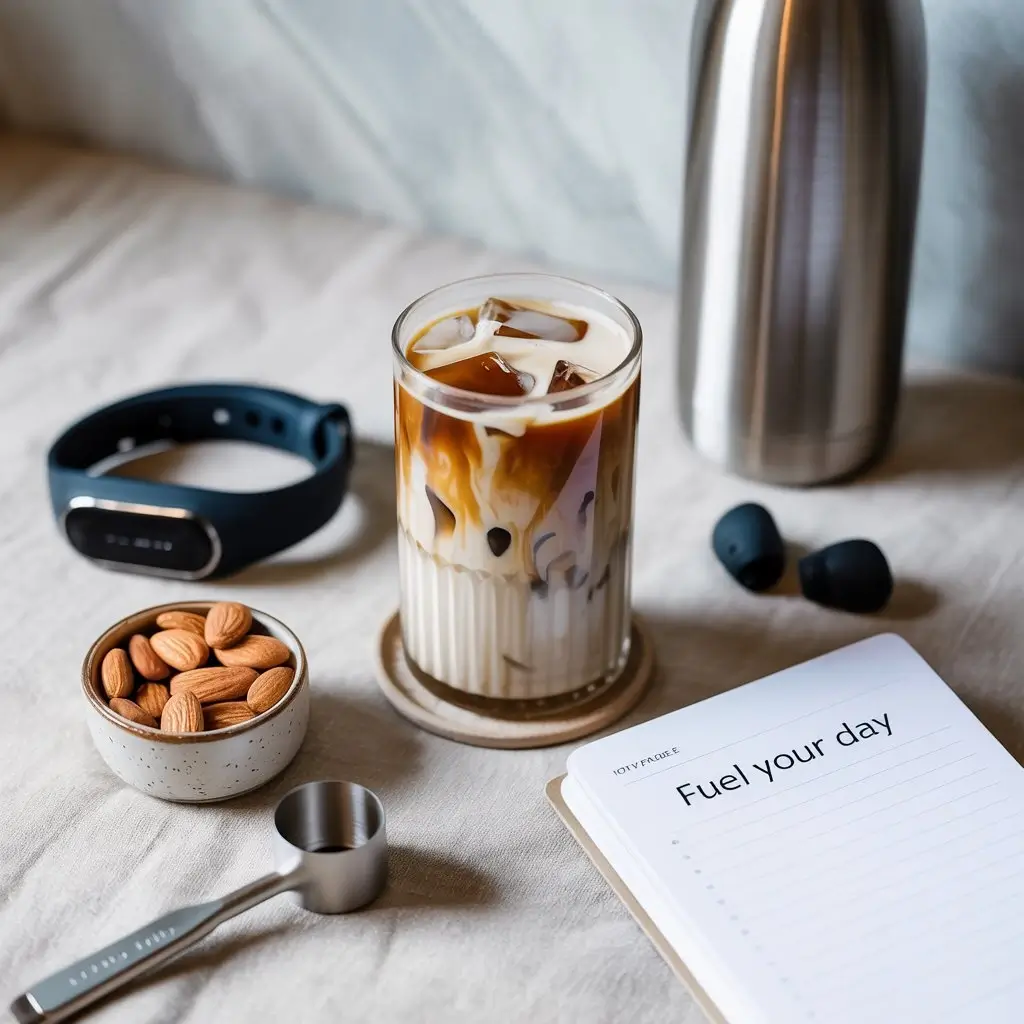 Protein iced coffee with health-focused items like almonds, fitness tracker, and daily planner on a clean surface.