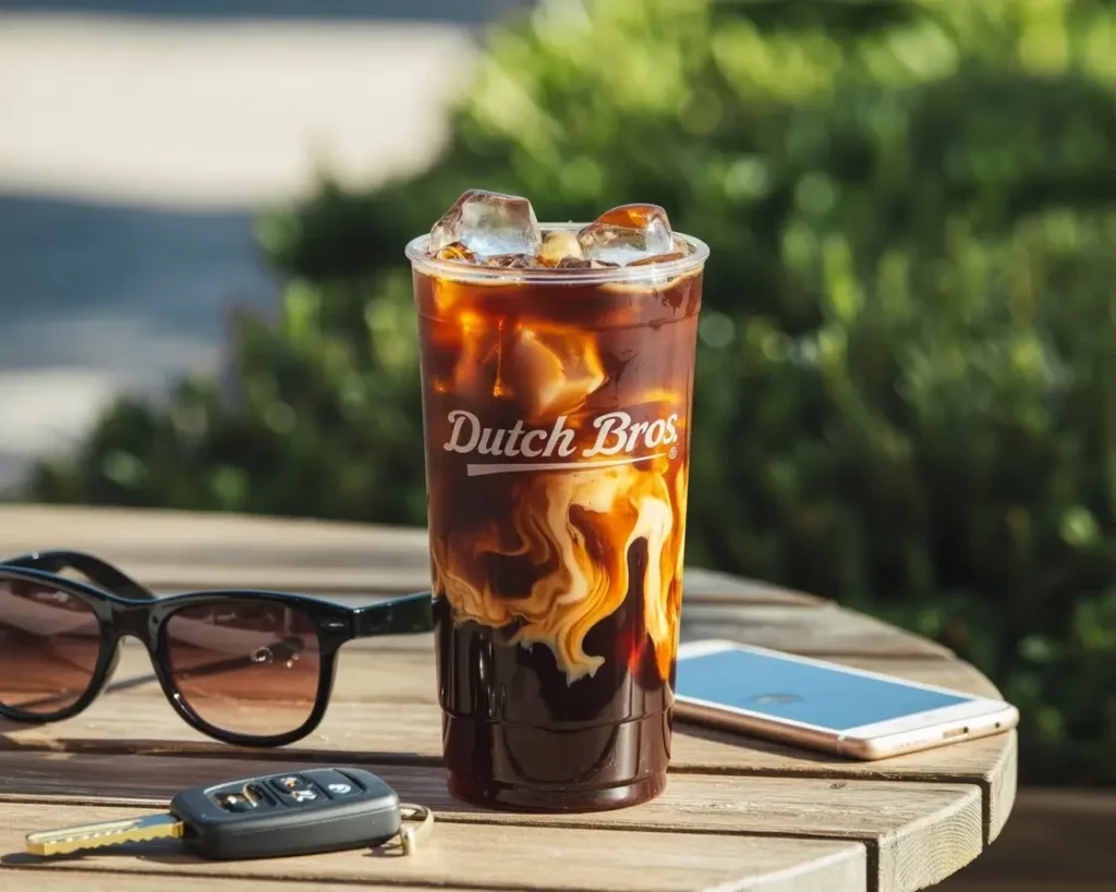 Dutch Bros-style iced coffee in a clear cup with ice and cream swirl, styled with sunglasses and phone on an outdoor table.