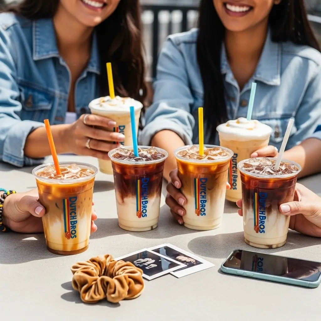 Group of friends enjoying Dutch Bros-style iced coffee outdoors with different flavors in clear cups.