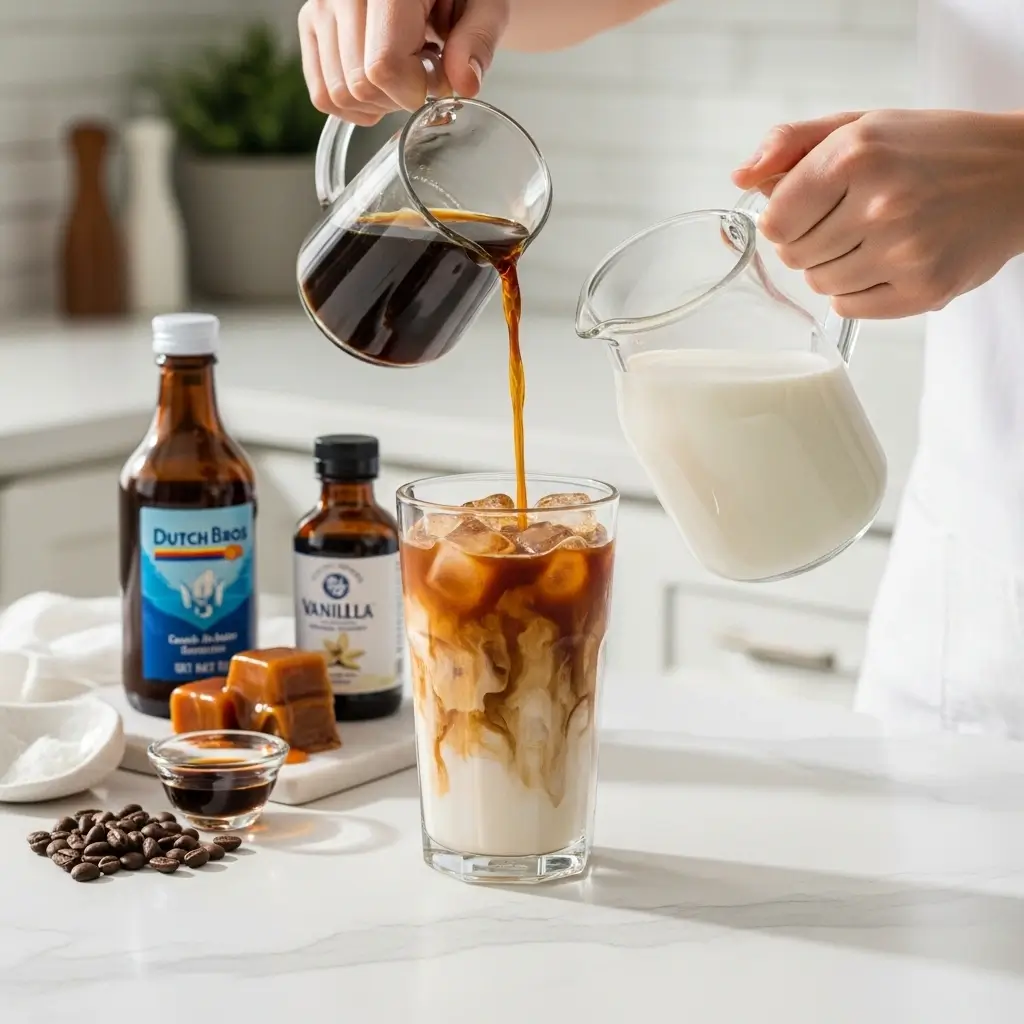 Dutch Bros-style iced coffee being poured over ice with milk jug and syrup on a kitchen counter.