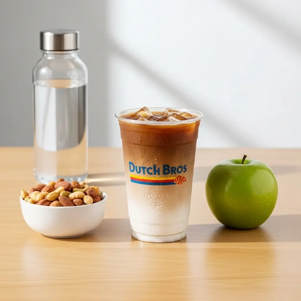 Dutch Bros-style iced coffee with mixed nuts, green apple, and water bottle on a light wooden table