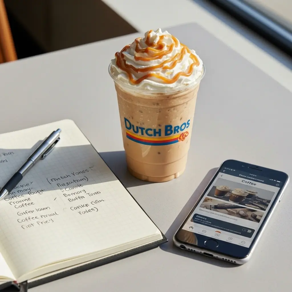 Dutch Bros-style iced coffee with caramel drizzle on a café table next to coffee notes and smartphone.