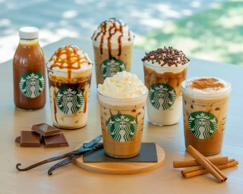 Five sweet iced coffee drinks with caramel, whipped cream, chocolate, vanilla, and cinnamon toppings on a wooden table.