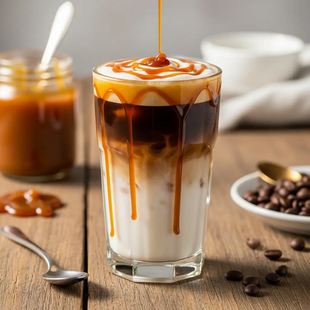 Iced caramel macchiato in a clear glass with layered milk, espresso, and caramel drizzle on a wooden table.