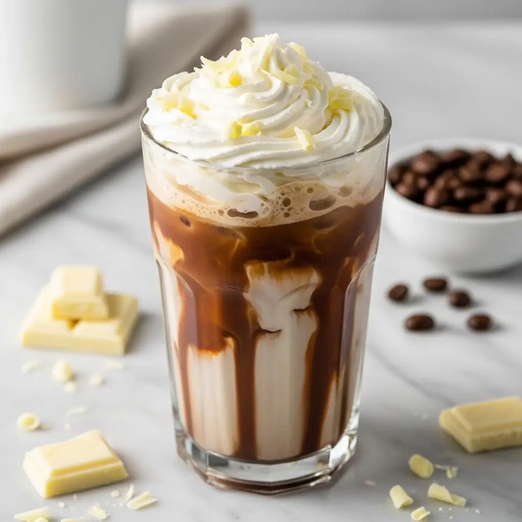 Iced white chocolate mocha in a tall glass with whipped cream and white chocolate shavings on a marble surface.