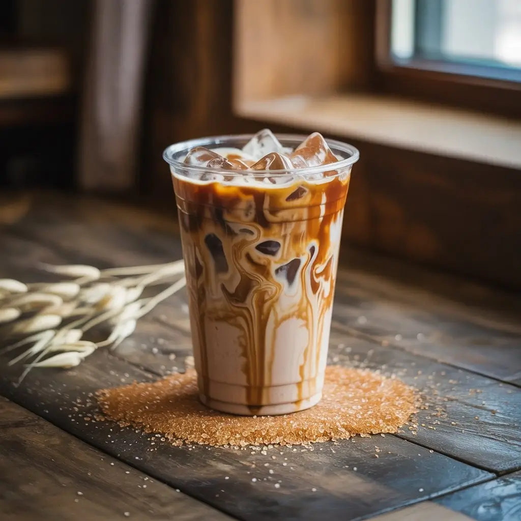 Iced brown sugar oatmilk shaken espresso in a clear cup with ice and frothy texture on a wooden table.