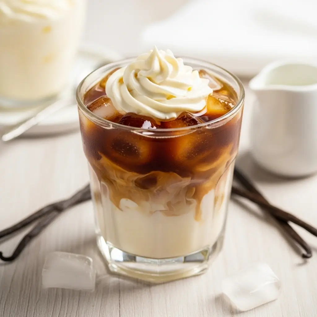 Iced vanilla sweet cream cold brew in a clear glass with creamy swirls and ice on a wooden surface.