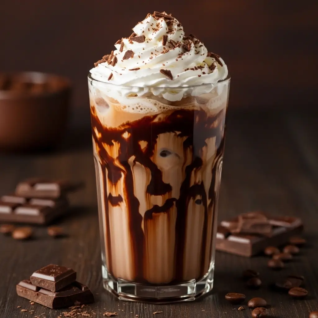 Iced mocha in a tall glass with whipped cream and chocolate shavings on a dark wooden surface.
