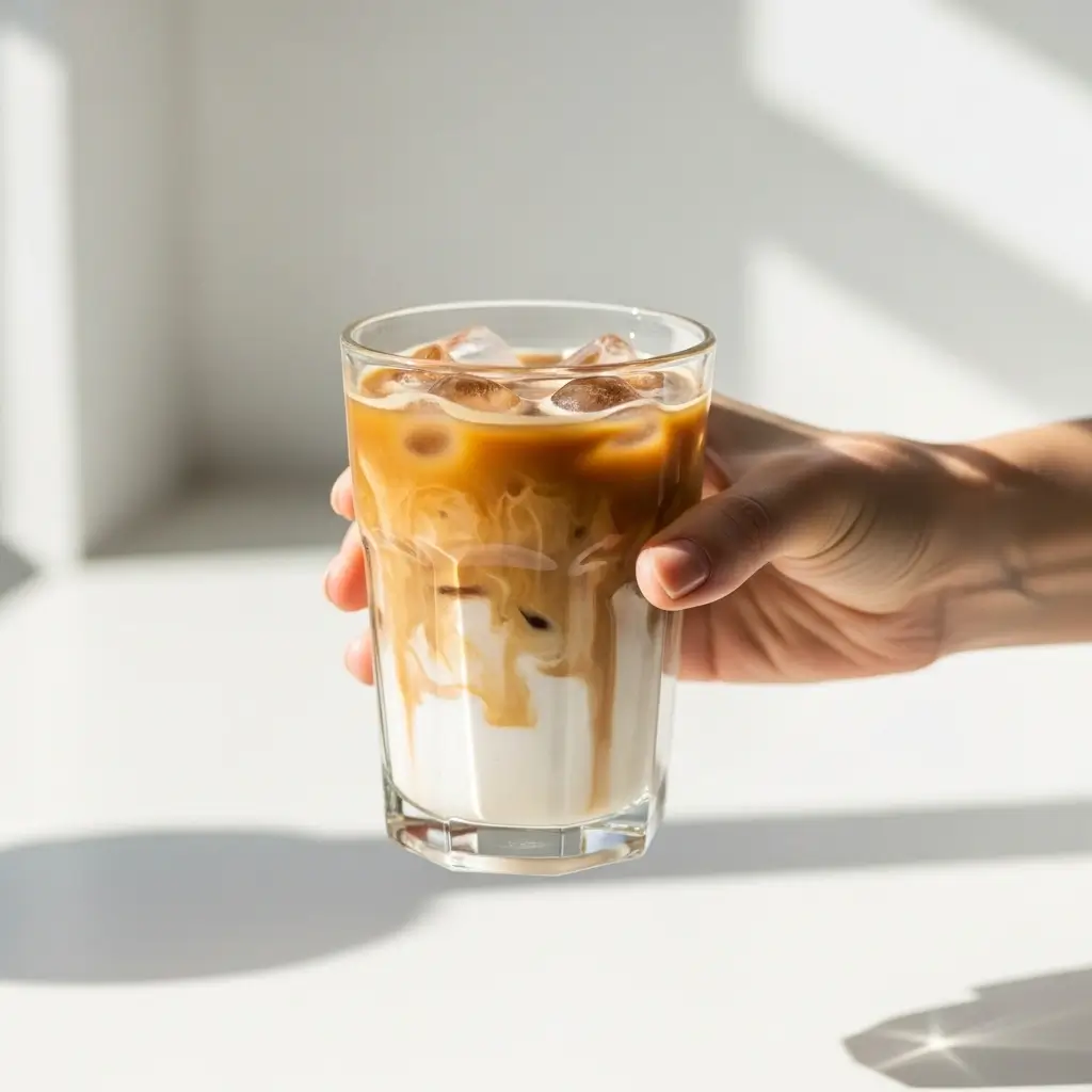 Hand holding a glass of instant iced coffee with ice and creamy swirl in a bright kitchen setting.