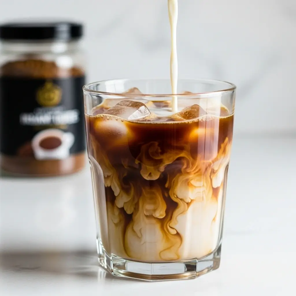 Glass of instant iced coffee with ice and cream being poured, on a white countertop with a jar of instant coffee blurred behind.