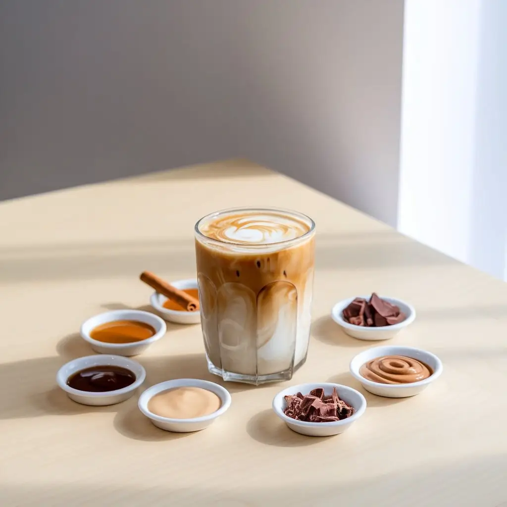 Iced coffee surrounded by caramel, vanilla, cinnamon, and chocolate flavor add-ins on a light wooden surface.
