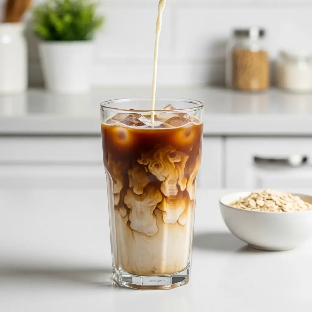 Instant iced coffee with oat milk in a clear glass on a clean kitchen counter with light natural background.