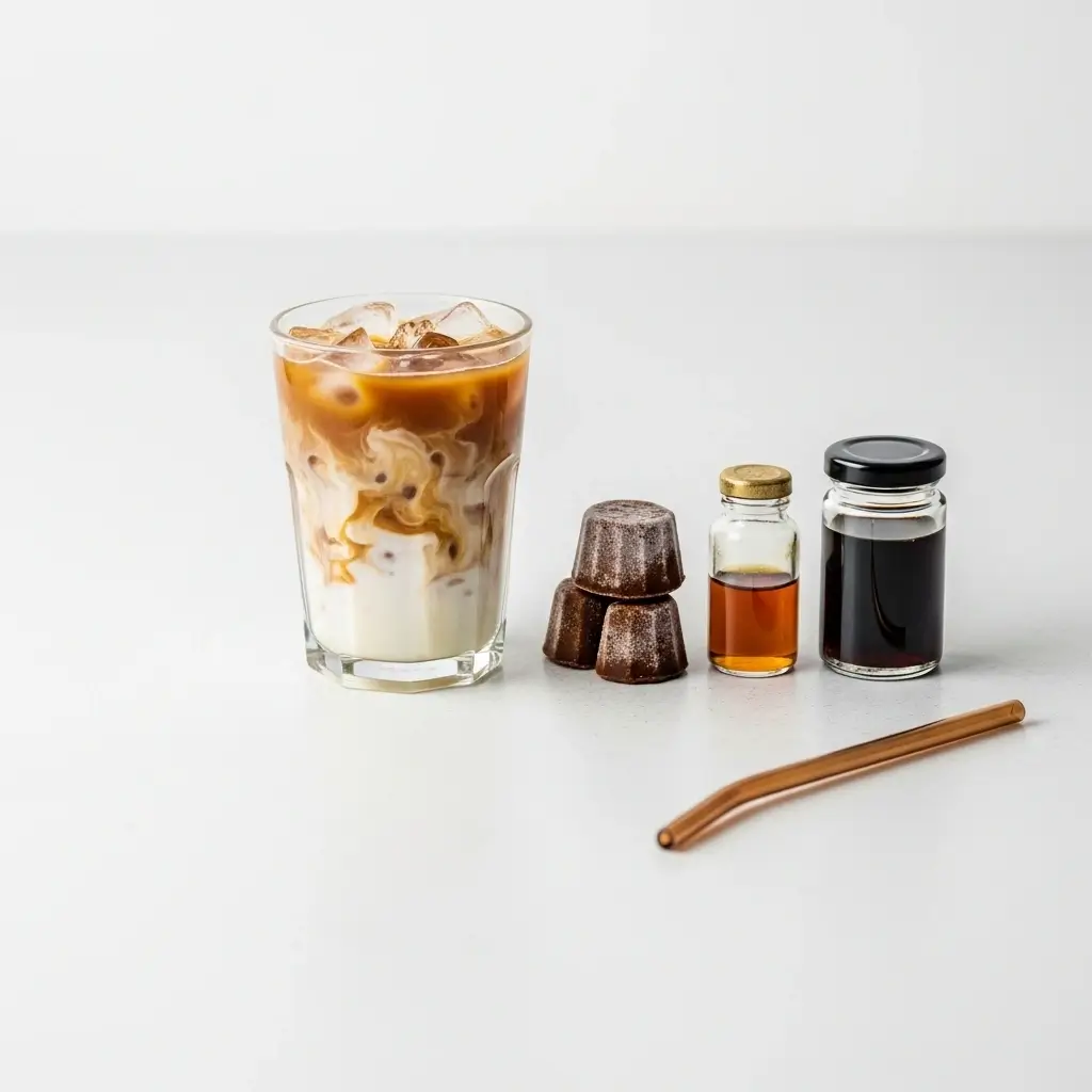 Instant iced coffee with frozen coffee cubes, flavored syrup, and reusable straw on a bright countertop.