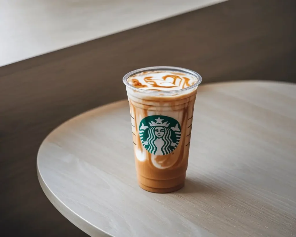 A Starbucks iced caramel coffee in a clear cup with caramel swirls and cold foam on top.