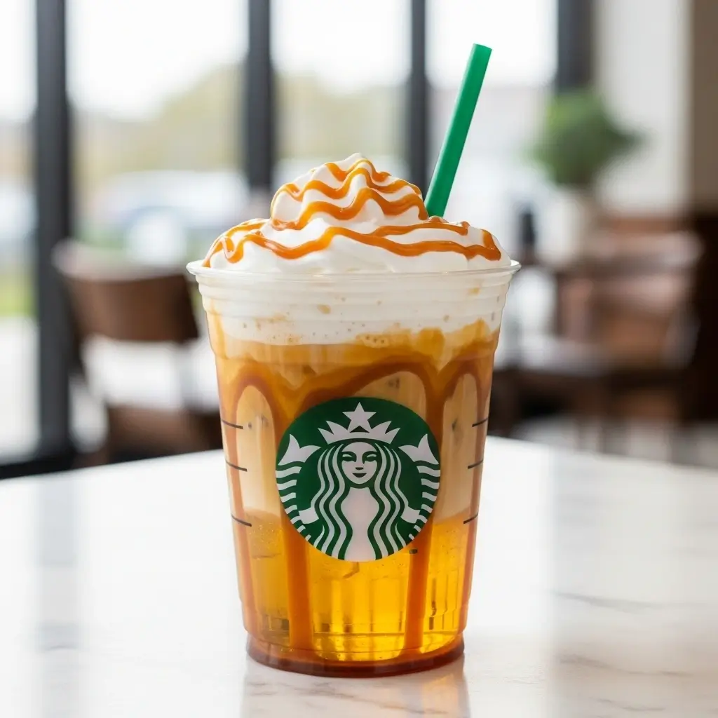 Close-up of Starbucks caramel iced coffee with caramel drizzle and cold foam.