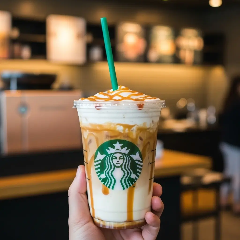 Hand holding a Starbucks iced caramel coffee with cold foam and caramel drizzle.