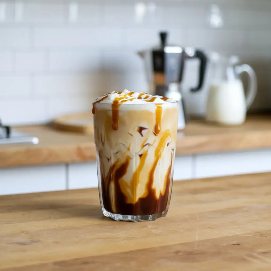 Homemade caramel iced coffee with ice, foam, and caramel drizzle in a clear glass.