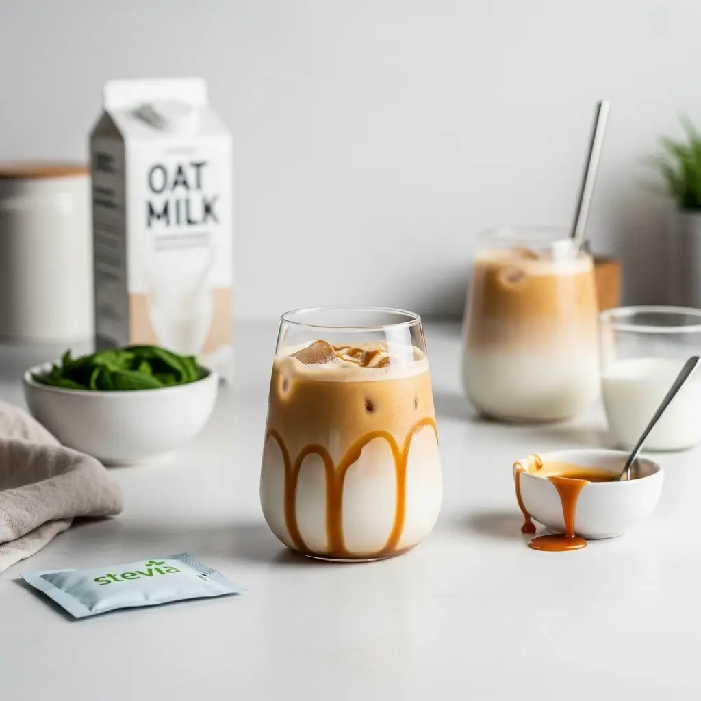 A healthier caramel iced coffee made with oat milk and light caramel swirl.