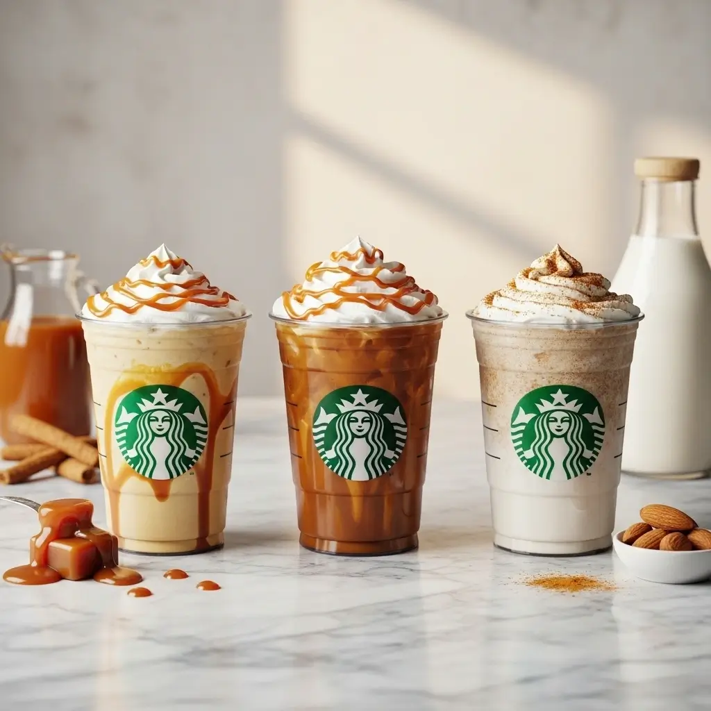 Three creative caramel iced coffee variations with different toppings and milk options.