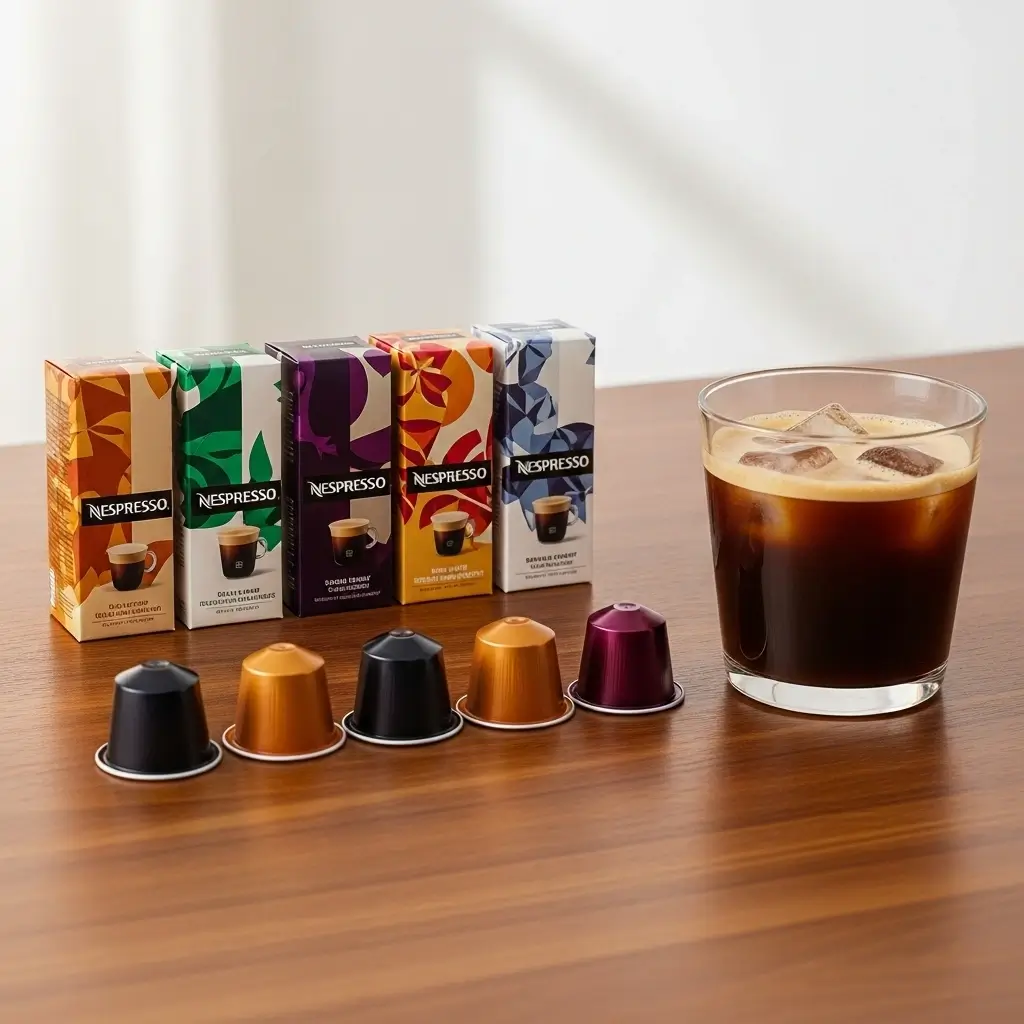 Nespresso coffee capsules displayed with a glass of iced coffee on a wooden table.