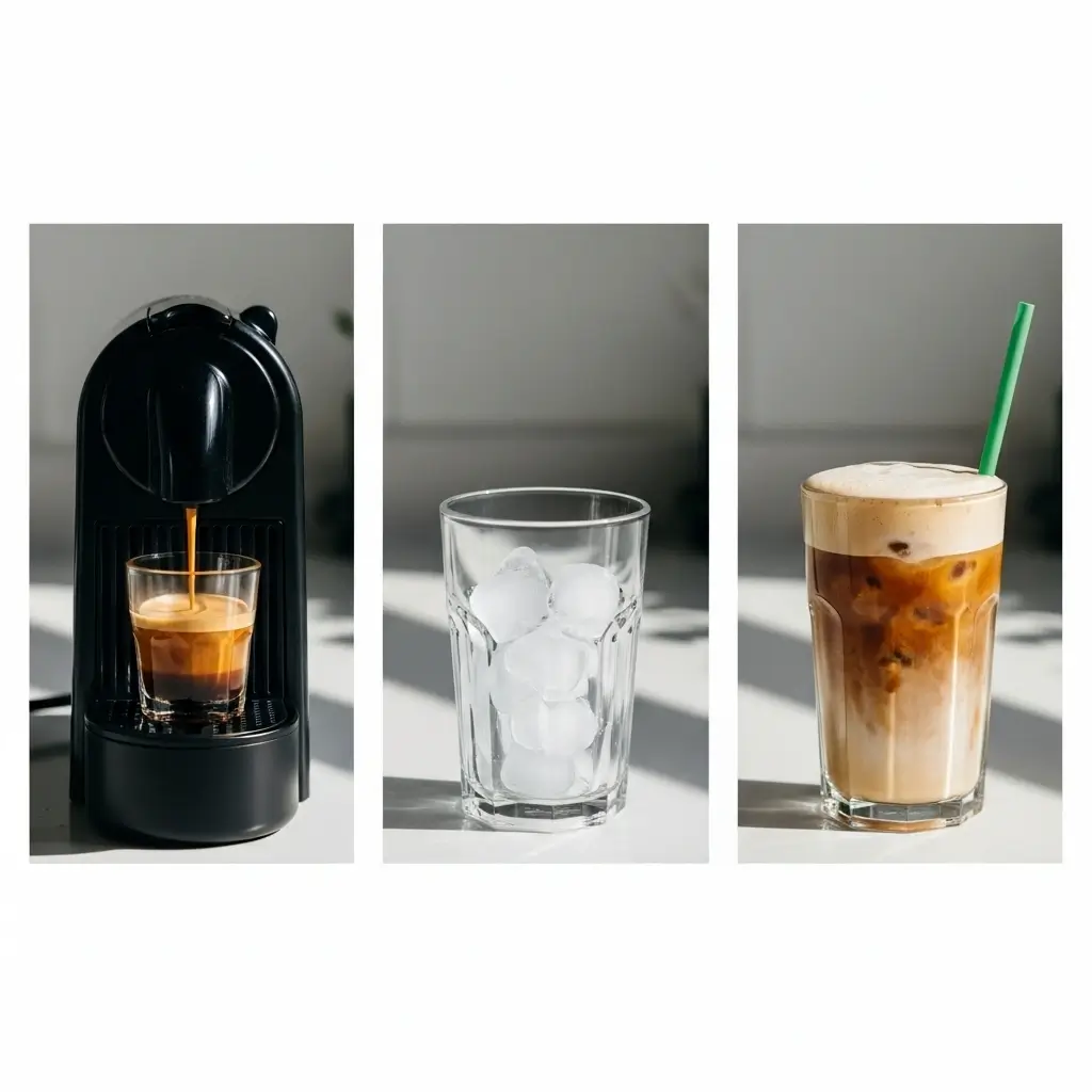 Step-by-step images of making Nespresso iced coffee from brewing espresso to finished iced drink.