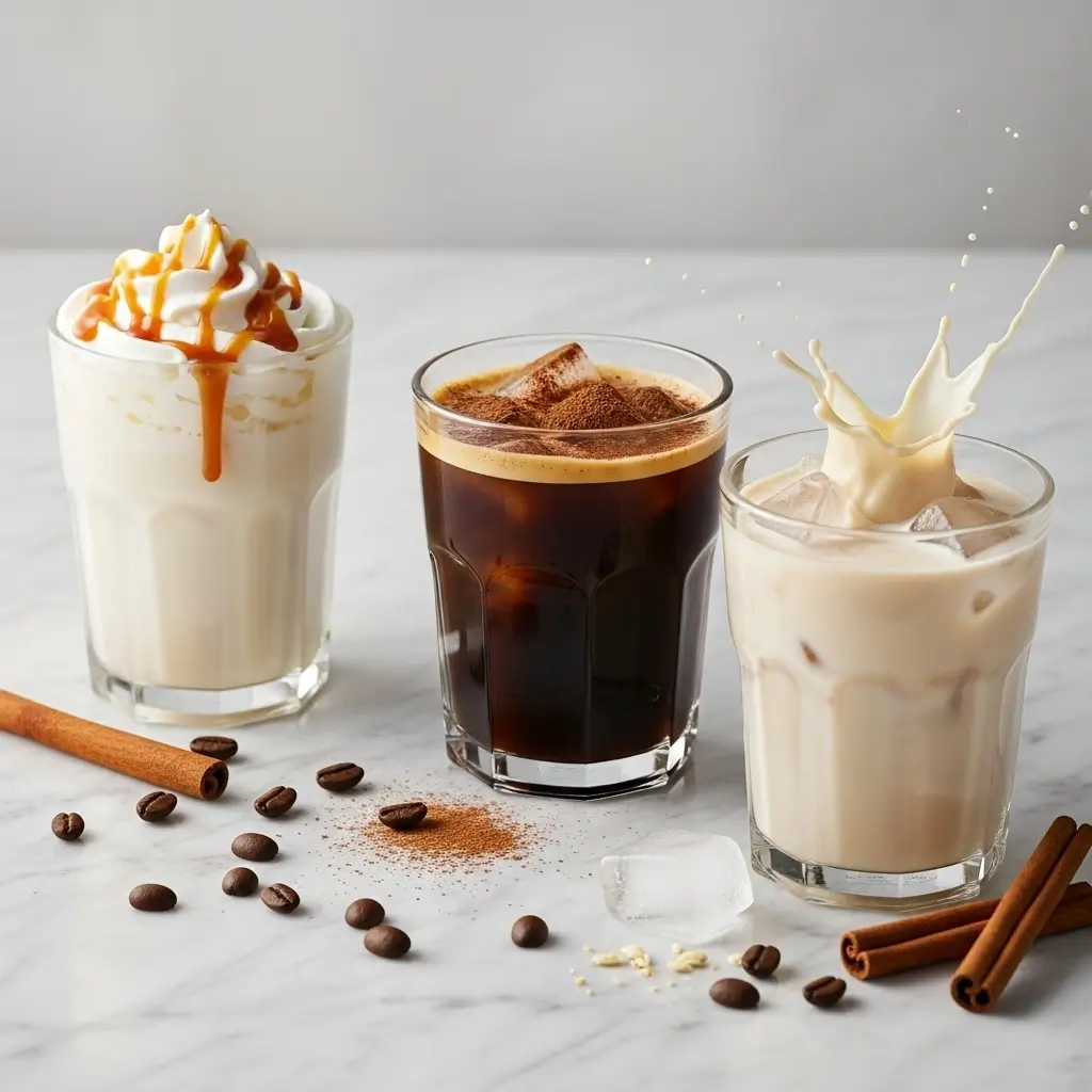 Three creative Nespresso iced coffee variations with toppings like caramel drizzle, cocoa powder, and vanilla oat milk.