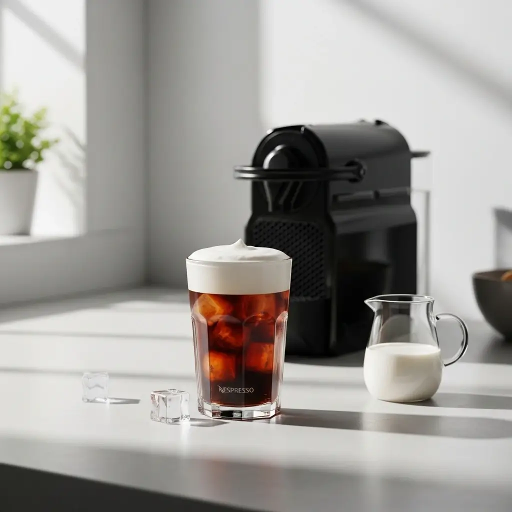 Perfectly made Nespresso iced coffee with cold foam beside a Nespresso machine and milk pitcher.